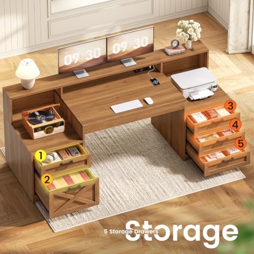 SEDETA 63" Farmhouse Computer Desk with 5 Drawers, Brown | Executive Office Desk with LED Lights & Monitor Stand, Wood Home Office Desk with 2 Printer Stand & Power Outlet - color: Brown, size: Executive Office Desk(63")