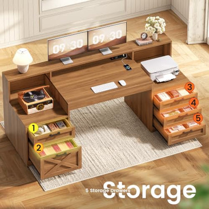 SEDETA 63" Farmhouse Computer Desk with 5 Drawers, Brown - color: Brown, size: Executive Office Desk (63")