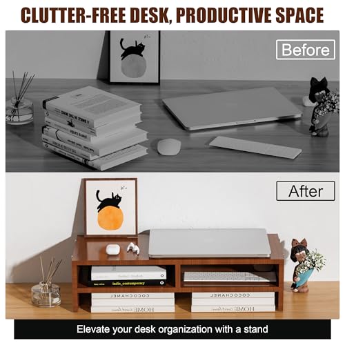 Wood Monitor Stand Riser with Storage Walnut Brown | 2 Tiers, Ergonomic Computer Stand for Laptop/PC/Printer, 16" Compact Wooden Desk Organizer, 50 lbs Weight Capacity