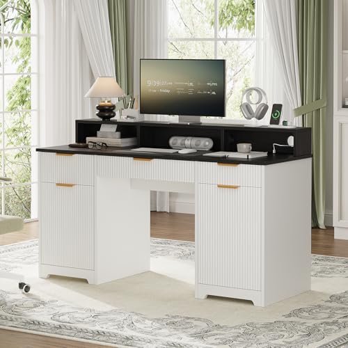 Office Desk MDF, Power Outlets, Monitor Stand, White/Black | MDF desk, built-in power outlets, raised monitor stand, keyboard pull-out, file cabinet drawers, home office