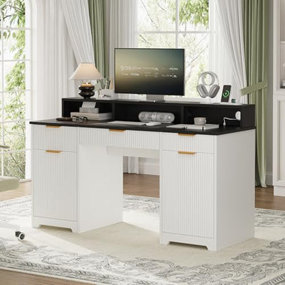 Office Desk MDF, Power Outlets, Monitor Stand, White/Black | MDF desk, built-in power outlets, raised monitor stand, keyboard pull-out, file cabinet drawers, home office