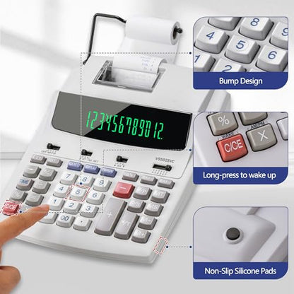 VUSIGN 12-Digit Desktop Printing Calculator with Tape Print Out, Adding Machine with Fluorescent Display, 10 Key Calculator with Clock and Calendar, Accounting Business Finance