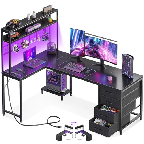 AODK L Shaped Desk Gaming Desk with LED Light & Power Outlet | 59 Inch Black Reversible L Shaped Computer Table with 4 Drawers for Home Office - color: Black, size: 59 Inch