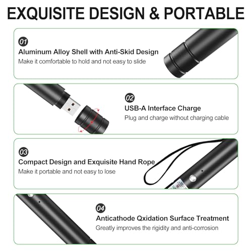Green Laser Pointer, USB-A Rechargeable with Adjustable Star Cap | Single-dot mode, no charging cable required, wrist strap, for TV/LED/LCD screens, presentations, astronomy and outdoor use