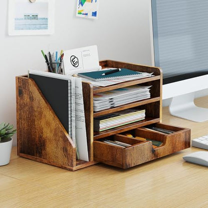 Wood Desk File Organizer with Side File Rack, Space-Efficient Design Easy to Assemble for Efficient Office Setup, Reduces Desk Clutter (Brown) - color: Brown