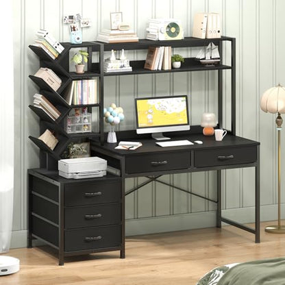 YOMILUVE 52" Computer Desk with Bookshelf, 5 Drawers ＆ Hutch for Bedroom | Black Office Desk with Printer Shelf, Study Writing Desk with Storage Shelves - color: Black