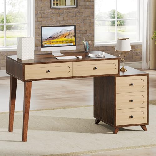 Tribesigns 51-Inch Computer Desk with 5 Drawers, Rustic Brown Office Desk with Reversible Drawer Cabinet, Wooden Study Writing Table Workstation with Storage for Small Spaces