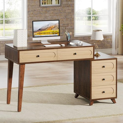 Tribesigns 51-Inch Computer Desk with 5 Drawers, Rustic Brown Office Desk with Reversible Drawer Cabinet, Wooden Study Writing Table Workstation with Storage for Small Spaces