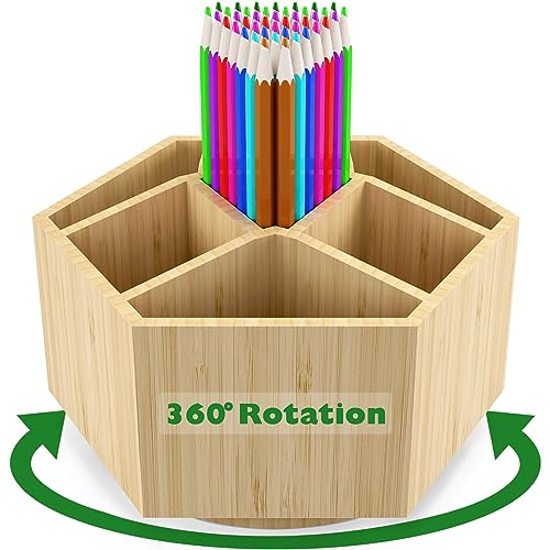 Bamboo Art Supply Organizer,Rotating Pencil Holder Back to School Supplies | Hold 350+ Pencils, for Pen, Colored Pencil, Art Brushes, Desktop Storage Caddy for Classroom & Art Studio - color: Bamboo Natural
