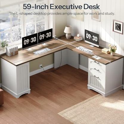 HOOBRO Farmhouse L Shaped Computer Desk, Computer Desk with Power Outlets, 59" Corner Office Desk with Filing Cabinet & Adjustable Shelves, for Home Office, Study, White and Walnut WH150UDN01