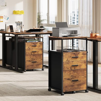 DEVAISE 3 Drawer File Cabinet with Adjustable Shelves, Rustic Brown | Rolling Wooden Filing Cabinet Mobile Printer Stand for Home Office, 15.7" D x 17.7" W x 40.3" H - color: Rustic Brown, size: 3 Drawer