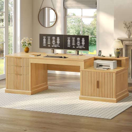 SEDETA 70.9" Executive Desk, Fluted Office Desk with Drawers, Fluted Oak | Computer Desk with Power Outlet for Home Office, Desk with File Drawers and Storage Cabinet, Work Study Writing - color: Fluted Oak, size: 70.9" Executive Desk