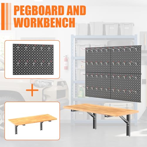 TORACK Heavy Duty Wall Mounted Folding Workbench with Pegboard Kit | Space-Saving Collapsible Wall Table/Desk with Tools Pegboard for Garage, Workshop, Holds up to 150 lbs, Size: 31.5x15.75 in - size: 31.5x15.75in tabletop