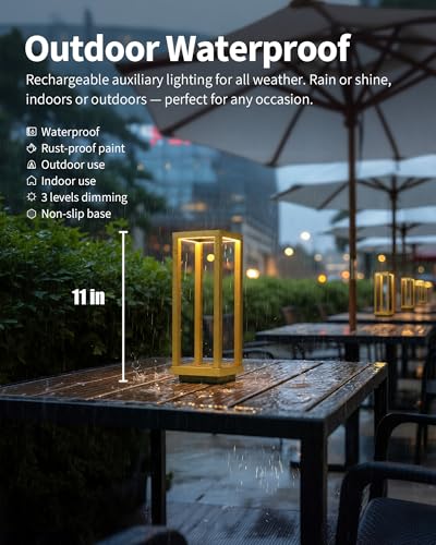 PUSU Cordless Waterproof Table Lamps Set of 2, Gold LED Outdoor Desk Lamp | Rechargeable 4000mAh Battery Operated, 2700K 3-Level Dimmable, Portable Lighting for Patio, Camping, Bedroom, Night Light - color: Coated Gold (2 Pack)