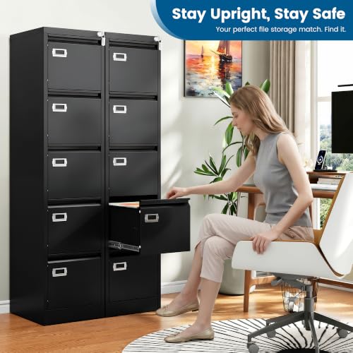 PEUKC 5-Drawer File Cabinet, 16.3" Deep Vertical Metal Filing Cabinet with Lock for Home Office, Anti-Tip 5 Storage Drawers for Letter/Legal/A4/F4 Size (Assemble Required, Black) - color: Black, size: 64.4"H