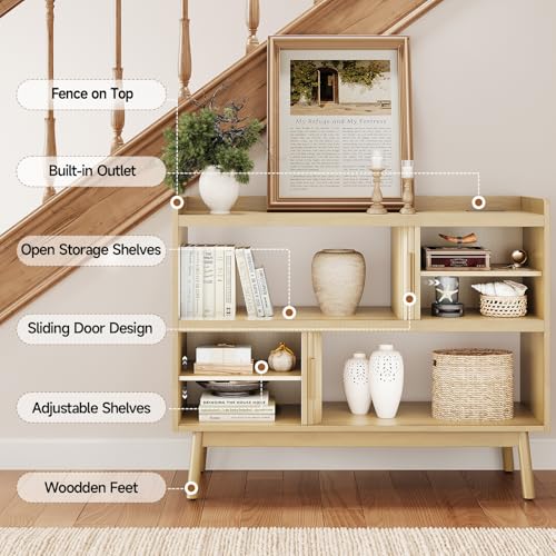 ONBRILL 44" Sideboard Buffet Cabinet with Outlet & Sliding Door, Oak - color: Oak, size: 44"