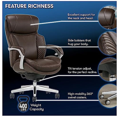 iComfort i6000 Series Big & Tall Ergonomic Bonded Leather High-Back Executive Chair, Brown/Silver