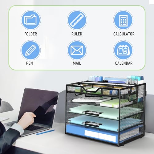 Docnest 5 Tier Mesh Desk Organizer with Removable Tray&Pen Holder, Black - color: Black, size: 12.6"x9.1"x10.3"