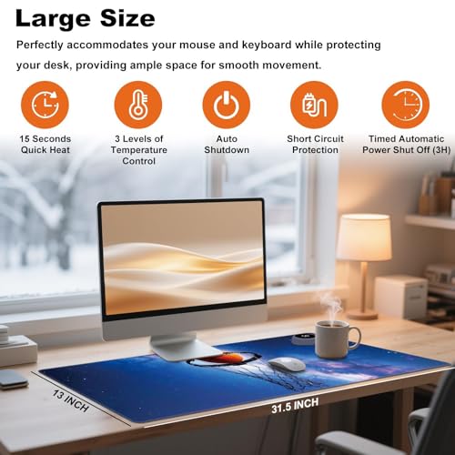 Heated Desk Pad 31.5" x 13" 3 Large Heated Mouse Pad with Heat Levels (40°C/45°C/50°C) & 3H Auto Shut-Off Desk Mat Fast Heating PU Leather Warmer Mousepad for Home Office - Basketball in Galaxy - color: Basketball in Galaxy, size: 31.5 x 13 inch