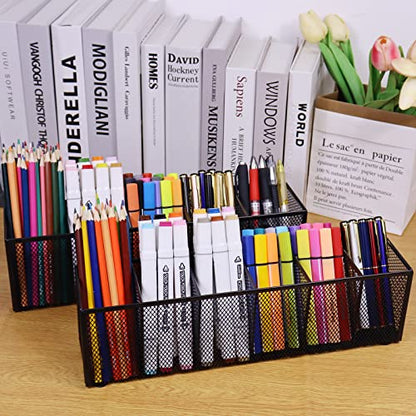 Black Mesh Pen Pencil Holder, Small Metal Desk Organizer Desktop Stationery Office Supplies Acessories Storage Stand, 6 Compartments Brushes Holder for Home School Classroom Teachers - size: 6 Grids