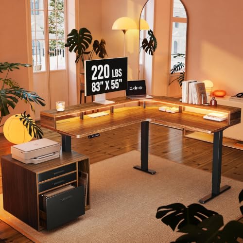 HUANUO LED Electric L Shaped Standing Desk with File Cabinet, Walnut | 63"x55" 2-Tier L-Desk,3-Drawer File Cabinet,RGB LED App Lighting,Built-in Power Outlets,27.6"-46.5" Adjustable Height - color: Walnut, size: with File Cabinet