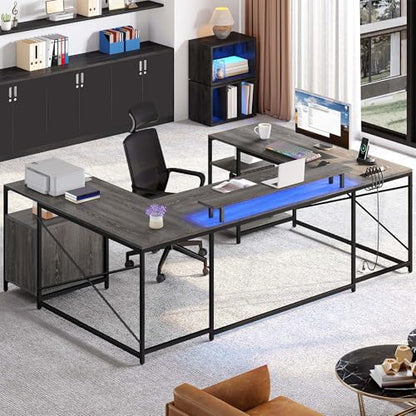YITAHOME U Shaped Desk with Power Outlets & LED Lights, 79" Reversible L Shaped Desk with Drawers, Corner Computer Desk Office Desks with Monitor Stand & Storage Shelves, Grey