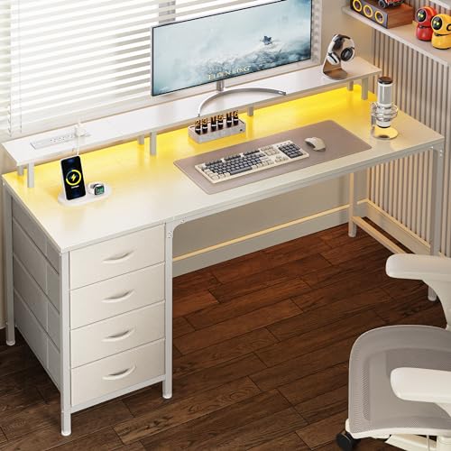 Huuger 55 Inch Computer Desk with Power Outlets and LED Lights, Gaming Desk with 4 Drawers, Office Desk with Monitor Stand, Study Work Home Office, White - color: White, size: 55 INCH