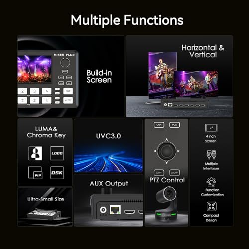 Mixer Plus Compact Video Switcher 4 HDMI with 4''Built-in Screen, Portable Live Streaming Switcher for Multi-Camera, Online Class, Event, YouTube, OBS, Zoom