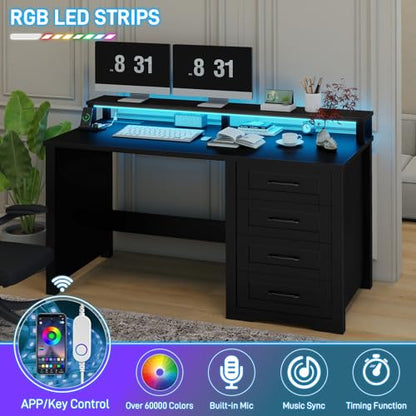 Vabches 47" Farmhouse Executive Desk with 4 Drawers,LED Lights, Pure Black - color: Pure Black, size: 4 Drawers & Monitor Stand