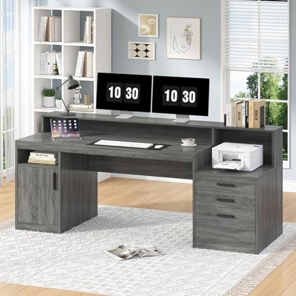 65" Computer Desk with 3 Drawers & Printer Shelf for Home Office | Office Desk with Printer Shelf & File Drawer, Executive Desk Writing Study Table with Monitor Stand, Dark Grey - color: Dark Gray