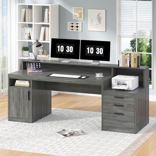 YOMILUVE 65" Computer Desk with 3 Drawers & Printer Shelf for Home Office - color: Dark Gray