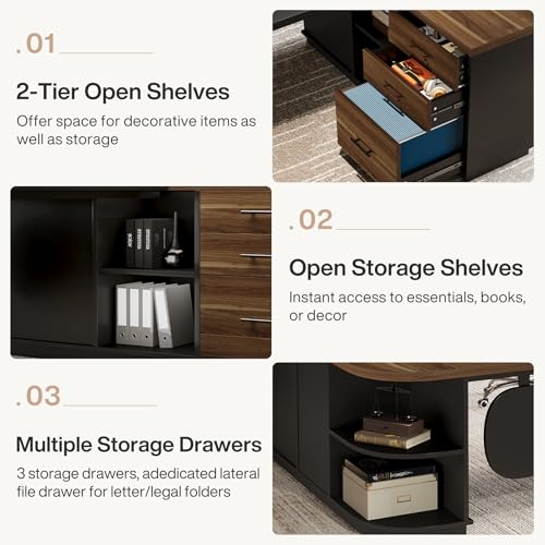Tribesigns 81-Inch L-Shaped Office Desk, Large Commercial Office Desk with Drawers and File Cabinet, Modern Professional Business Furniture Workstations with Storage Shelves, Brown & Black - color: Brown & Black