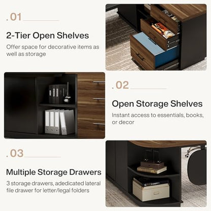 Tribesigns 81-Inch L-Shaped Office Desk, Large Commercial Office Desk with Drawers and File Cabinet, Modern Professional Business Furniture Workstations with Storage Shelves, Brown & Black - color: Brown & Black