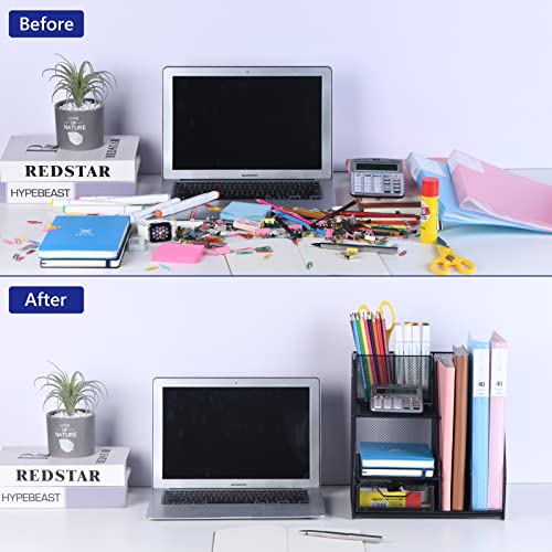 Topwey Desk Organizers and Acceessories for Office School Study | 2-Tier Paper, Letter Tray, 1 Drawer and 2 Pen Holder - color: dark black