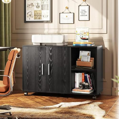 DEVAISE Office Storage Cabinet, Lateral Printer Stand, Black | Doors and Shelves, Mobile File Cabinet, Large Office Supplies and Craft Storage - color: Black