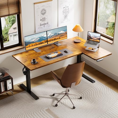 OffiGo 55 Inch Reversible L Shaped Electric Standing Desk, Rustic Brown - color: Rustic Brown, size: 55 Inch