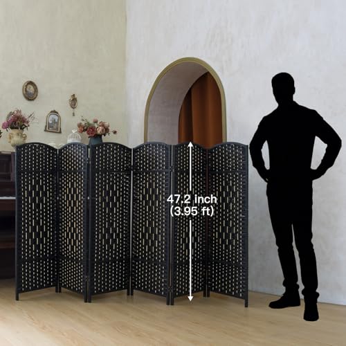 Compact 6 Panel Short Room Divider, 47.2 Inch Tall Double-Sided Rattan Folding Screen for Home & Office,Black - color: Black, size: 6 Panel