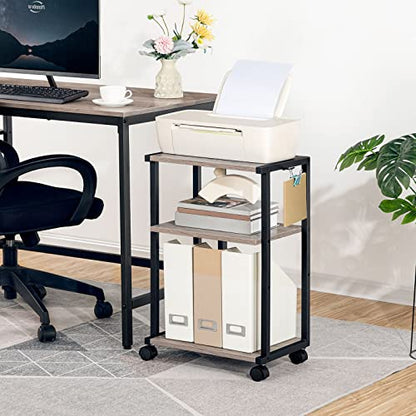 HOOBRO Mobile Printer Stand, 3-Tier Printer Cart Under Desk with Storage, Industrial Adjustable Rolling Cart, Sturdy Little Table on Wheels for Home Office BG28PS01N1 - color: Greige + Black