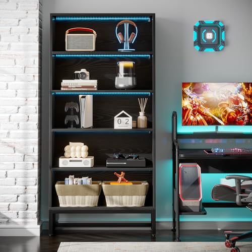 Tribesigns Tall Bookcase Black Bookshelf, 70.8” Large Bookcases Organizer with LED Lights, Heavy Duty Free-Standing Library Bookshelf with 5-Tier Storage Shelves for Living Room, Bedroom (Black) - color: Black