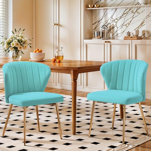 Velvet Dining Chairs Set of 2, Modern Upholstered Vanity Chairs with Golden Metal Legs for Dining Room Kitchen Vanity Patio (Teal) - color: Teal