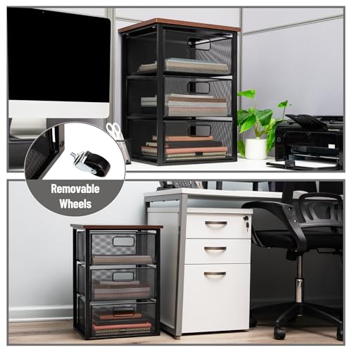 Mind Reader 3 Drawer Storage Organizer with Wood Top, Rolling Office Organizer Cabinet with Wheels, Office, Metal Mesh, Black - style: 3-Drawers with Wood Top