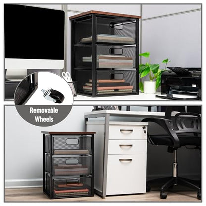 Mind Reader 3 Drawer Storage Organizer with Wood Top, Rolling Office Organizer Cabinet with Wheels, Office, Metal Mesh, Black - style: 3-Drawers with Wood Top
