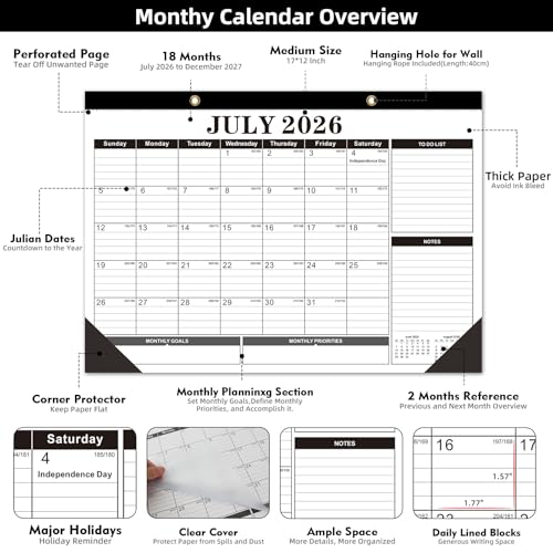 Tcamp Desk Calendar 2026-2027, Large Desktop Calendar (Jul 2026 - Dec 2027) - color: Black+White, size: 17"x12"(Jul 2026-Dec 2027)