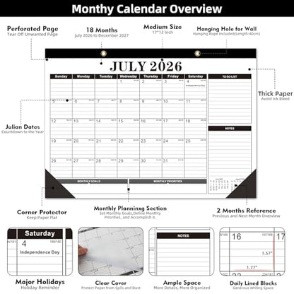 Tcamp Desk Calendar 2026-2027, Large Desktop Calendar (Jul 2026 - Dec 2027) - color: Black+White, size: 17"x12"(Jul 2026-Dec 2027)