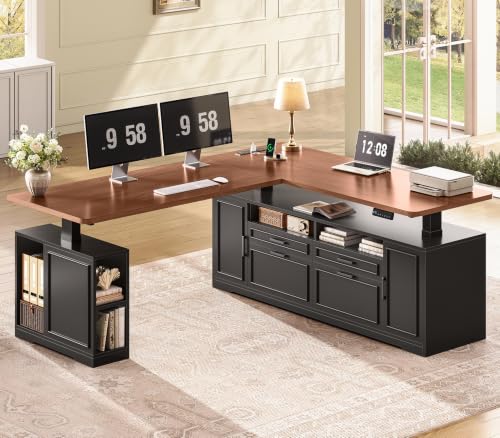 SEDETA Farmhouse L Shaped Executive Electric Standing Desk with 4 Drawers | 69" x 55" Height Adjustable Office Desk with Storage Shelves, Power Outlet, Sit Stand Computer Desk, Black and Brown - color: Black and Brown