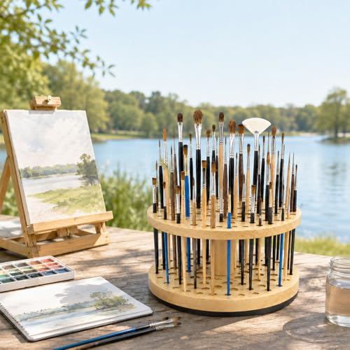 72 Hole 360° Rotating Hardwood Paint Brush Holder Organizer - color: Yellow（72 Holes）