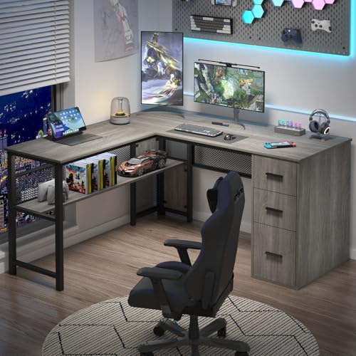 LVB Reversible L Shaped Desk with Drawers, Grey Computer Desk with Storage - color: Light Grey Oak