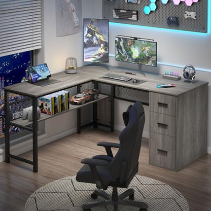LVB Reversible L Shaped Desk with Drawers, Grey Computer Desk with Storage - color: Light Grey Oak