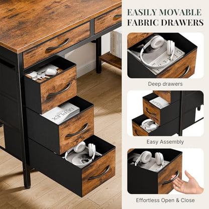 55" Computer Desk with 6 Drawers,Storage Shelves - color: Brown, size: 55-in