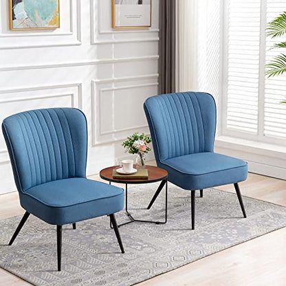 Alunaune Modern Blue Accent Chair Set of 2 Living Room Chairs, Upholstered Bedroom Furniture Sets Armless Slipper Reception Club Chair Guest Couch Comfy Wingback Single Sofa - color: Blue
